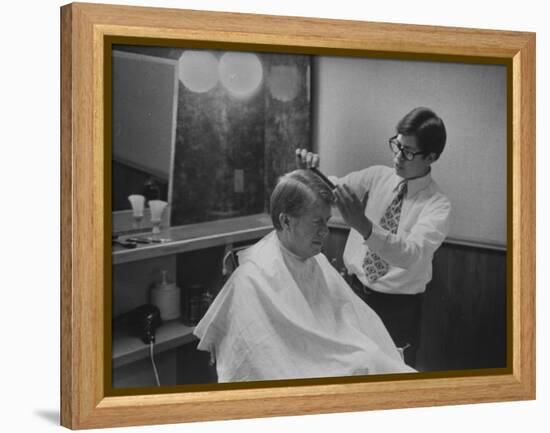 Gov. Jimmy Carte Receiving a Hair Cut-Stan Wayman-Framed Premier Image Canvas