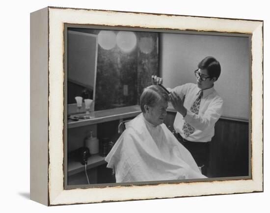 Gov. Jimmy Carte Receiving a Hair Cut-Stan Wayman-Framed Premier Image Canvas