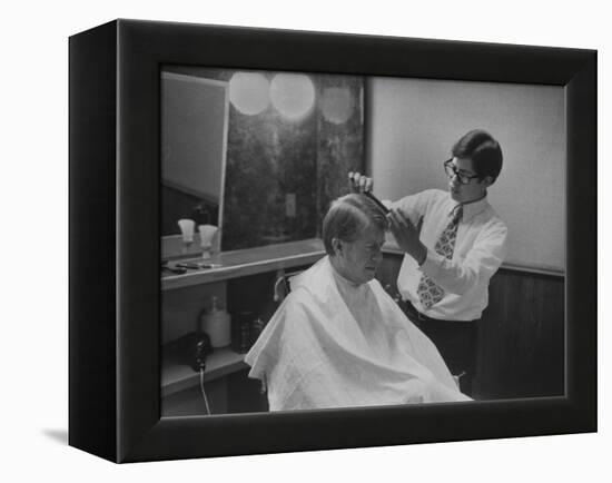 Gov. Jimmy Carte Receiving a Hair Cut-Stan Wayman-Framed Premier Image Canvas