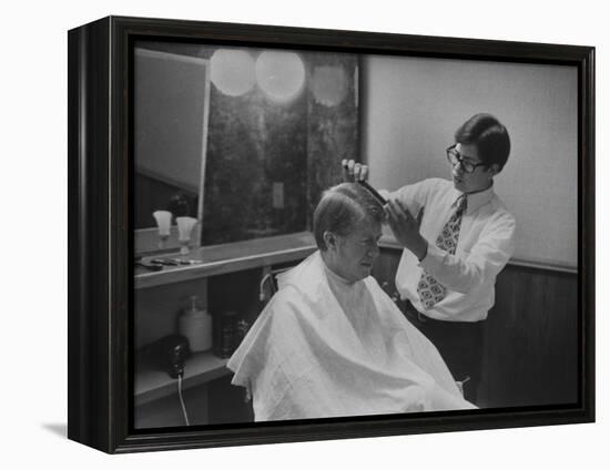 Gov. Jimmy Carte Receiving a Hair Cut-Stan Wayman-Framed Premier Image Canvas