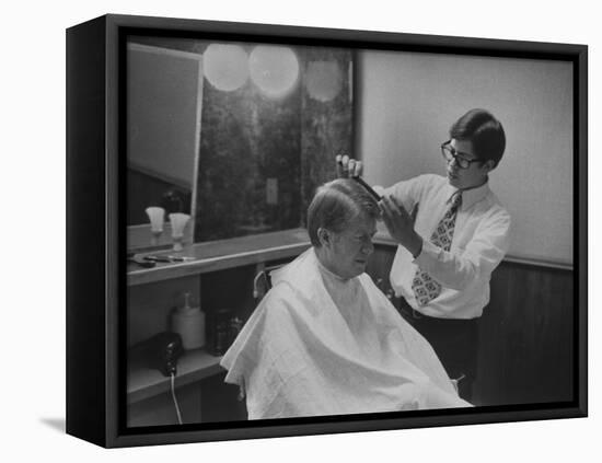 Gov. Jimmy Carte Receiving a Hair Cut-Stan Wayman-Framed Premier Image Canvas