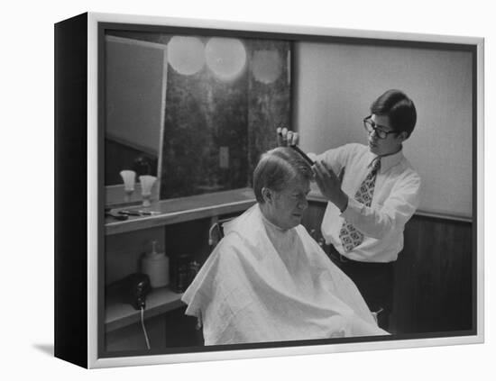 Gov. Jimmy Carte Receiving a Hair Cut-Stan Wayman-Framed Premier Image Canvas