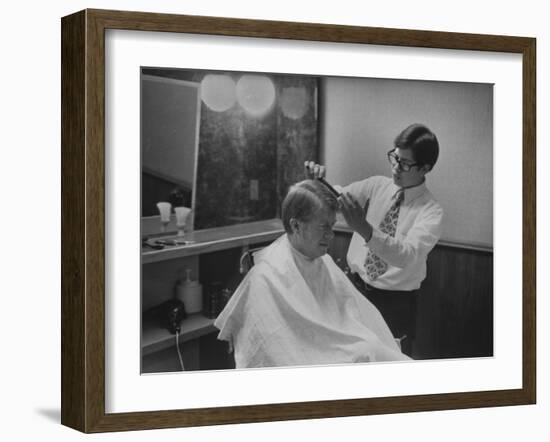 Gov. Jimmy Carte Receiving a Hair Cut-Stan Wayman-Framed Photographic Print