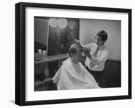 Gov. Jimmy Carte Receiving a Hair Cut-Stan Wayman-Framed Photographic Print