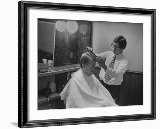 Gov. Jimmy Carte Receiving a Hair Cut-Stan Wayman-Framed Photographic Print