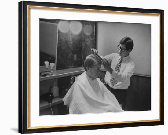 Gov. Jimmy Carte Receiving a Hair Cut-Stan Wayman-Framed Photographic Print