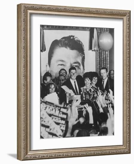 Gov. Ronald Reagan and Wife and Lt. Gov. Robert Finch and Wife at Election Victory Party-Bill Ray-Framed Photographic Print