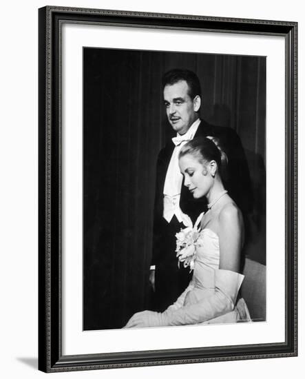 Grace Kelly and Prince Rainier III Attending a Banquet After Announcing Their Engagement-Ralph Morse-Framed Premium Photographic Print