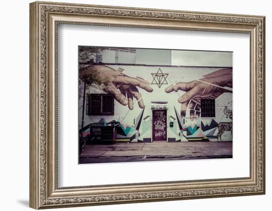 Graffiti of Michelangelo´s God and Adam´s hands in Williamsburg, Brooklyn, New York, USA-Andrea Lang-Framed Photographic Print