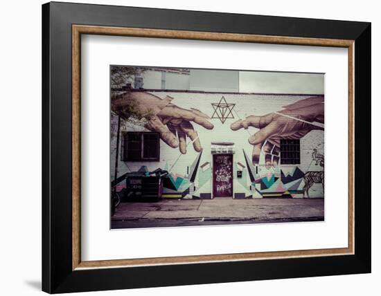 Graffiti of Michelangelo´s God and Adam´s hands in Williamsburg, Brooklyn, New York, USA-Andrea Lang-Framed Photographic Print