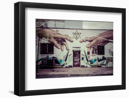 Graffiti of Michelangelo´s God and Adam´s hands in Williamsburg, Brooklyn, New York, USA-Andrea Lang-Framed Photographic Print