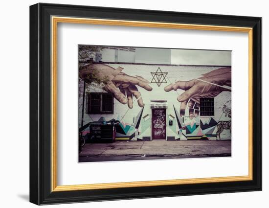 Graffiti of Michelangelo´s God and Adam´s hands in Williamsburg, Brooklyn, New York, USA-Andrea Lang-Framed Photographic Print