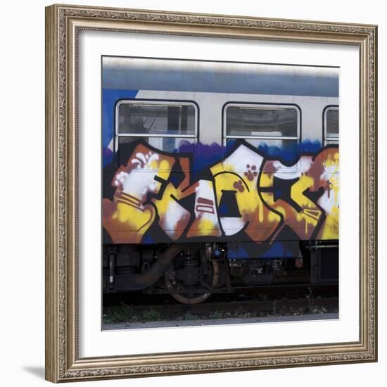 Grafitti on Train Carriage, Pisa, Italy-Mike Burton-Framed Photographic Print