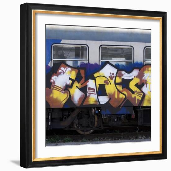 Grafitti on Train Carriage, Pisa, Italy-Mike Burton-Framed Photographic Print