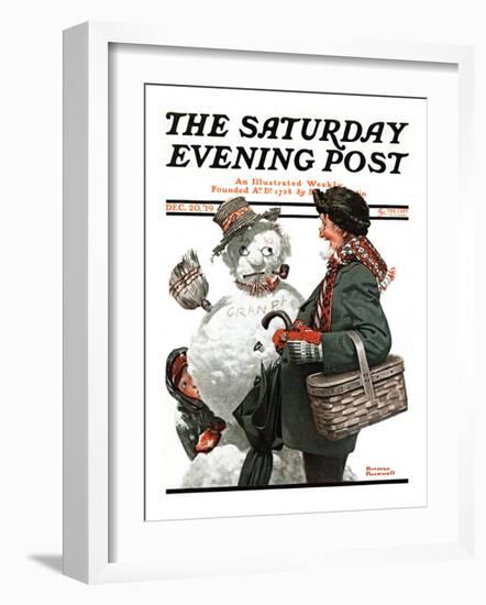 "Gramps and the Snowman" Saturday Evening Post Cover, December 20,1919-Norman Rockwell-Framed Premium Giclee Print