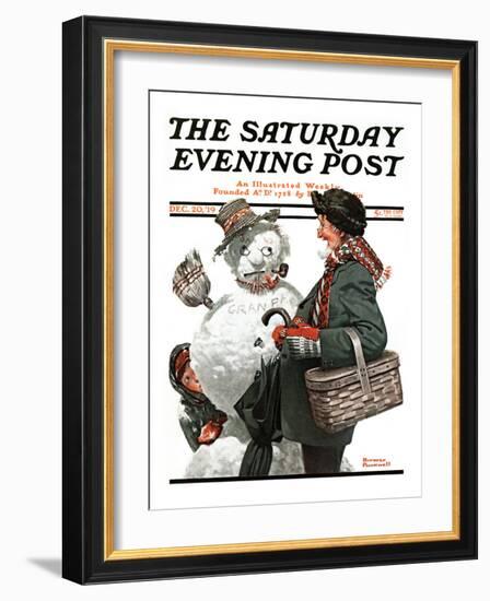 "Gramps and the Snowman" Saturday Evening Post Cover, December 20,1919-Norman Rockwell-Framed Premium Giclee Print