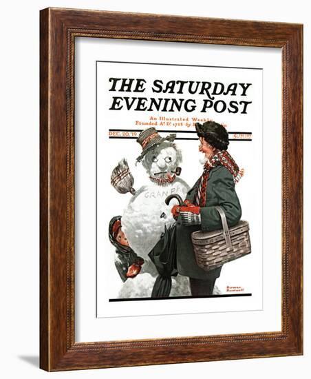 "Gramps and the Snowman" Saturday Evening Post Cover, December 20,1919-Norman Rockwell-Framed Giclee Print