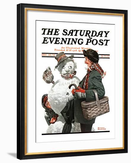 "Gramps and the Snowman" Saturday Evening Post Cover, December 20,1919-Norman Rockwell-Framed Giclee Print