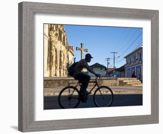 Granada, Man Riding Bike Past Iglesia De La Merced, Nicaragua-Jane Sweeney-Framed Photographic Print