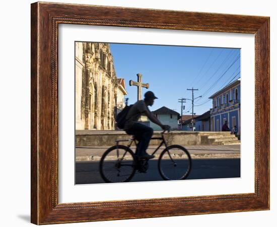 Granada, Man Riding Bike Past Iglesia De La Merced, Nicaragua-Jane Sweeney-Framed Photographic Print