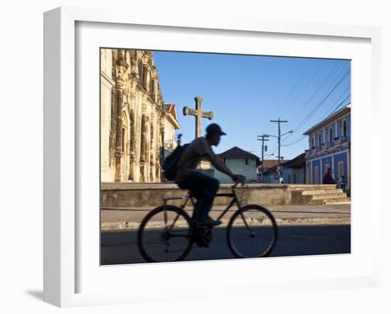 Granada, Man Riding Bike Past Iglesia De La Merced, Nicaragua-Jane Sweeney-Framed Photographic Print