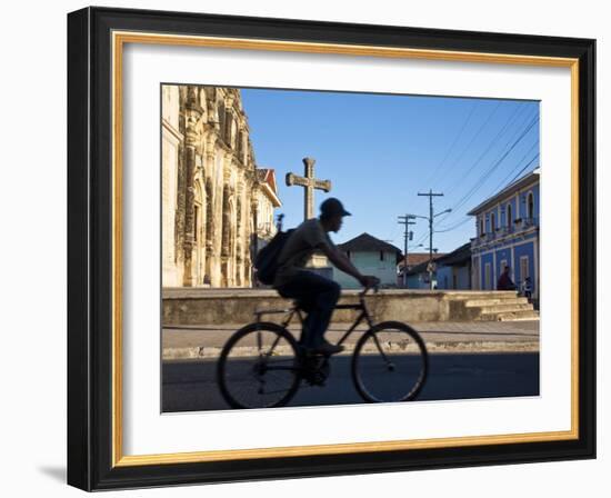 Granada, Man Riding Bike Past Iglesia De La Merced, Nicaragua-Jane Sweeney-Framed Photographic Print