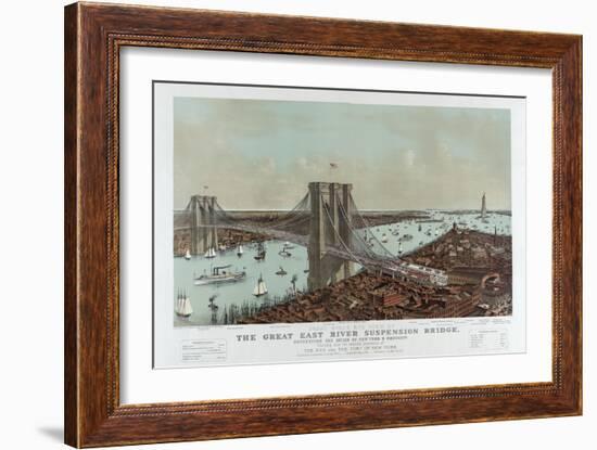 Grand Birds Eye View of the Great East River Suspension Bridge by Currier & Ives-null-Framed Giclee Print