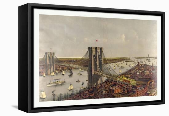 Grand Birds Eye View of the Great East River Suspension Bridge Connecting the Cities of New York an-Currier & Ives-Framed Premier Image Canvas