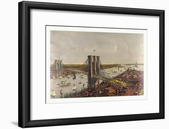 Grand Birds Eye View of the Great East River Suspension Bridge Connecting the Cities of New York an-Currier & Ives-Framed Giclee Print