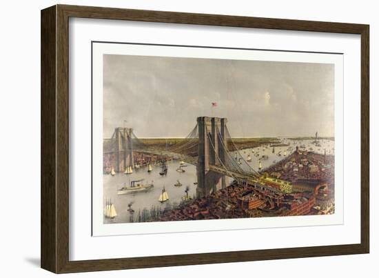 Grand Birds Eye View of the Great East River Suspension Bridge Connecting the Cities of New York an-Currier & Ives-Framed Giclee Print