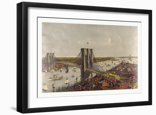 Grand Birds Eye View of the Great East River Suspension Bridge Connecting the Cities of New York an-Currier & Ives-Framed Giclee Print