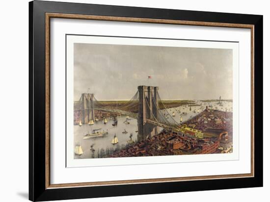 Grand Birds Eye View of the Great East River Suspension Bridge Connecting the Cities of New York an-Currier & Ives-Framed Giclee Print