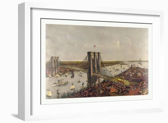 Grand Birds Eye View of the Great East River Suspension Bridge Connecting the Cities of New York an-Currier & Ives-Framed Giclee Print