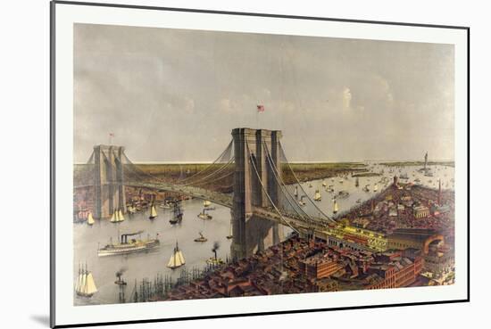 Grand Birds Eye View of the Great East River Suspension Bridge Connecting the Cities of New York an-Currier & Ives-Mounted Giclee Print