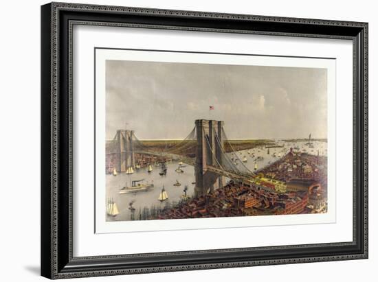 Grand Birds Eye View of the Great East River Suspension Bridge Connecting the Cities of New York an-Currier & Ives-Framed Giclee Print