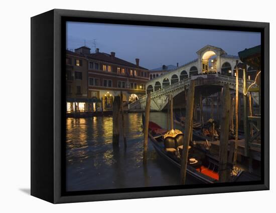 Grand Canal, Rialto Bridge at Night, Gondolas on Waterfront, Venice, Veneto, Italy-Christian Kober-Framed Premier Image Canvas