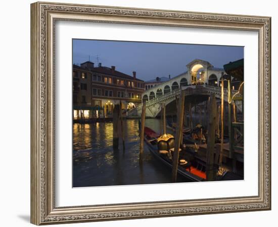 Grand Canal, Rialto Bridge at Night, Gondolas on Waterfront, Venice, Veneto, Italy-Christian Kober-Framed Photographic Print