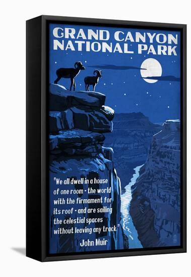 Grand Canyon National Park, Arizona - Night Scene with Muir Quote-Lantern Press-Framed Stretched Canvas