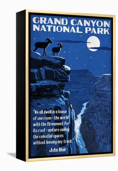 Grand Canyon National Park, Arizona - Night Scene with Muir Quote-Lantern Press-Framed Stretched Canvas