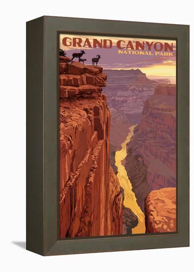 Grand Canyon National Park - Bighorn Sheep on Point-Lantern Press-Framed Stretched Canvas