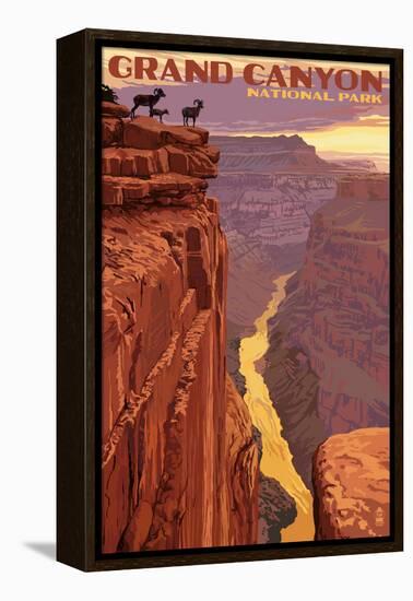 Grand Canyon National Park - Bighorn Sheep on Point-Lantern Press-Framed Stretched Canvas