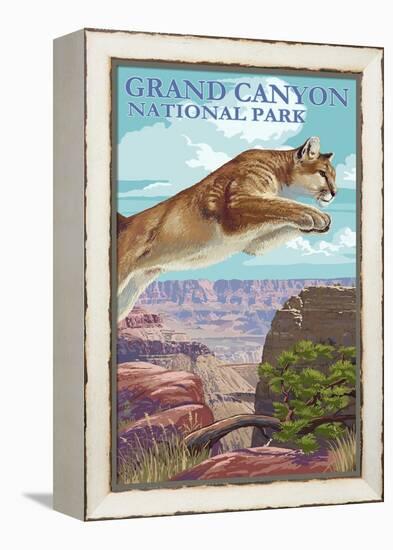 Grand Canyon National Park - Cougar Jumping-Lantern Press-Framed Stretched Canvas