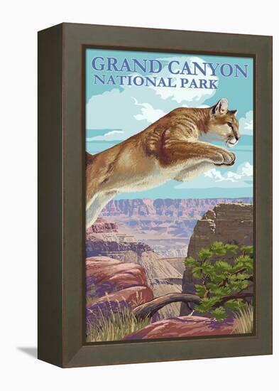 Grand Canyon National Park - Cougar Jumping-Lantern Press-Framed Stretched Canvas