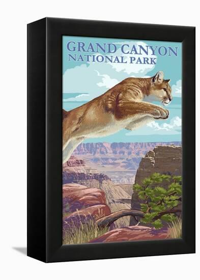 Grand Canyon National Park - Cougar Jumping-Lantern Press-Framed Stretched Canvas