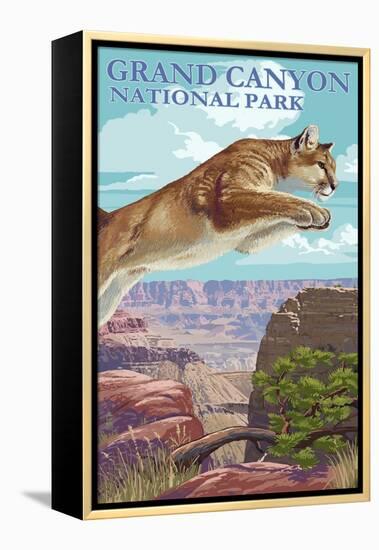 Grand Canyon National Park - Cougar Jumping-Lantern Press-Framed Stretched Canvas