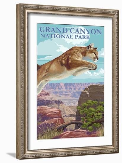 Grand Canyon National Park - Cougar Jumping-Lantern Press-Framed Art Print