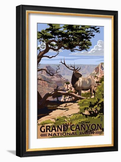 Grand Canyon National Park - Elk and South Rim-Lantern Press-Framed Art Print