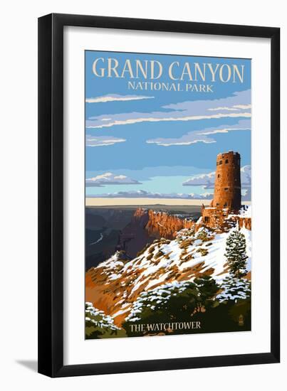 Grand Canyon National Park - Watchtower and Snow-Lantern Press-Framed Art Print