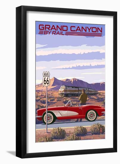 Grand Canyon Railway, Arizona - Route 66 - Corvette with Red Rocks-Lantern Press-Framed Art Print