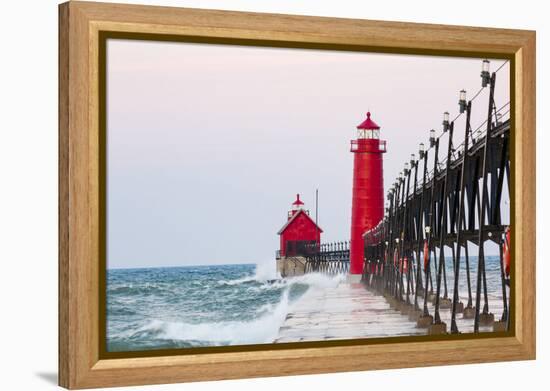 Grand Haven South Pier Lighthouse at Sunrise on Lake Michigan, Ottawa County, Grand Haven, Michigan-Richard and Susan Day-Framed Premier Image Canvas